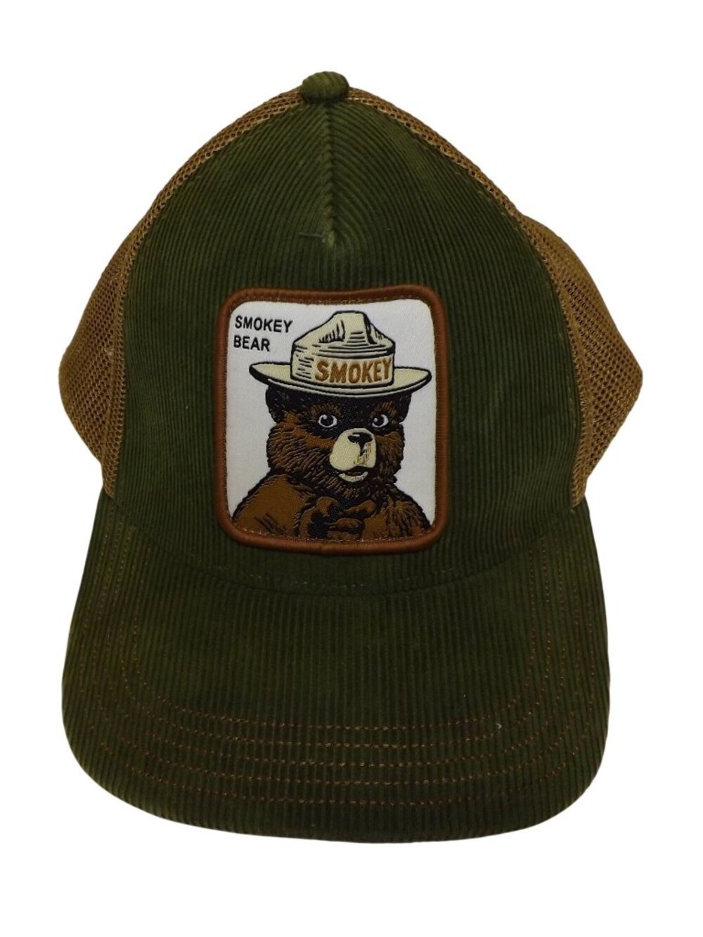 Smokey Bear Corduroy Mesh Trucker Hat Adjustable Forest Green & Tan Snapback